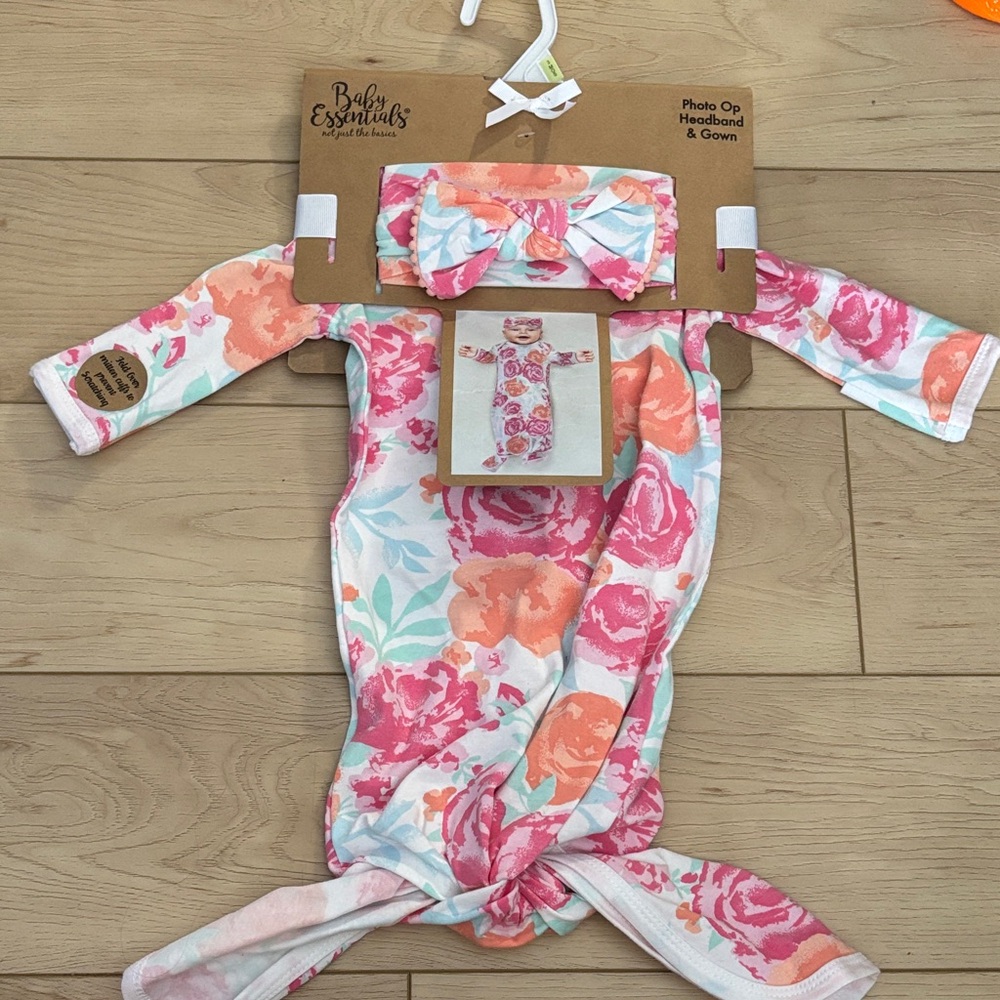 Baby Essentials Pink and Orange Floral Gown with Headband